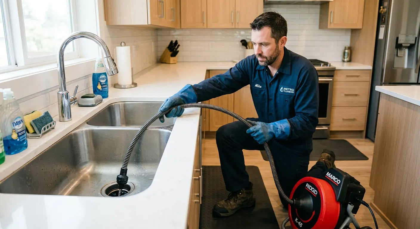 Drain cleaning technician using a motorized snake on a kitchen sink in Pleasantville