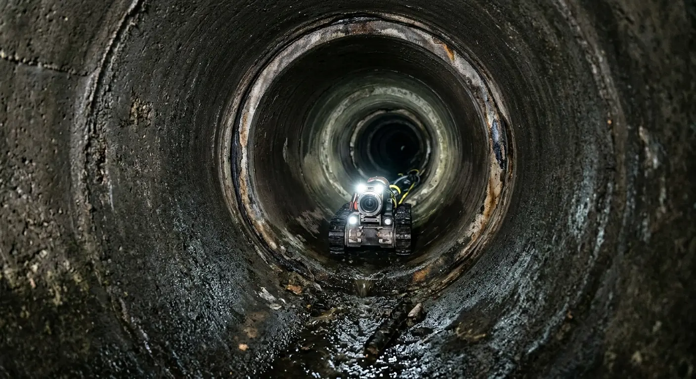 Robotic sewer camera inspecting pipe interior for Sewer Line Cleaning in Pleasantville