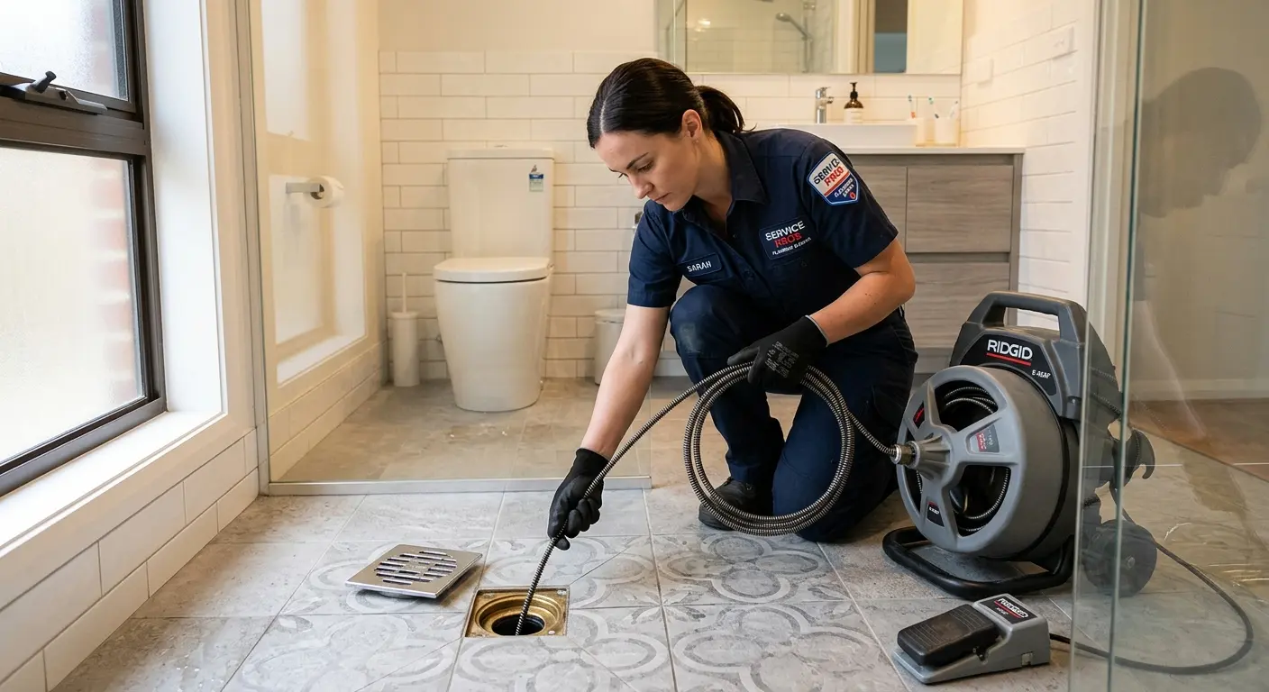 Technician clearing a bathroom floor drain for Sewer Line Installation in Pleasantville